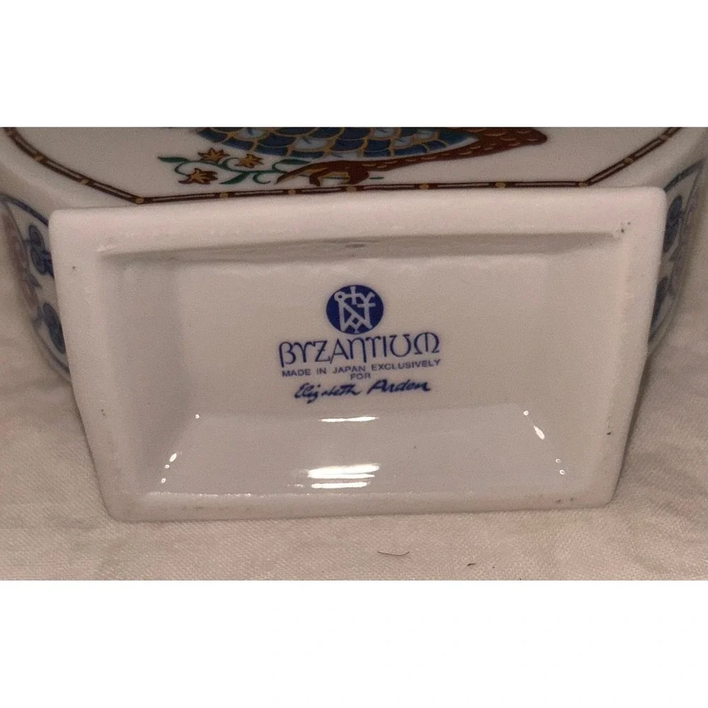 Vintage Byzantium Elizabeth Arden Peacock Vanity Set 5pc Tray Box Vase Japan